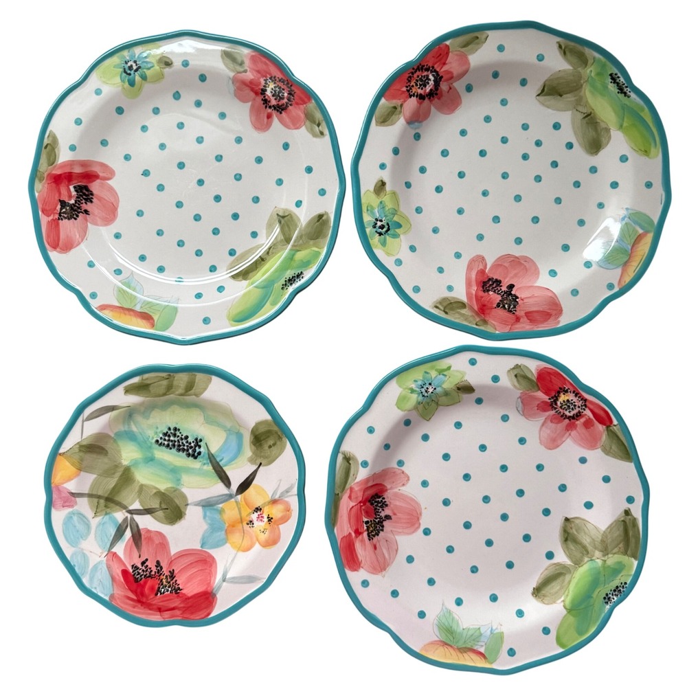 Pioneer Woman Vintage Bloom Turquoise Floral Dinner Salad Plate Set 4 Stoneware